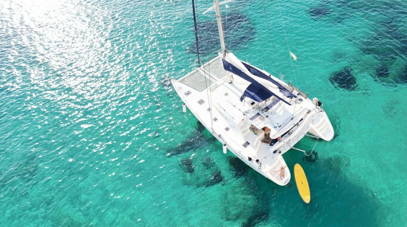 Aerial view of a catamaran anchored in turquoise water with the crew relaxing and swimming