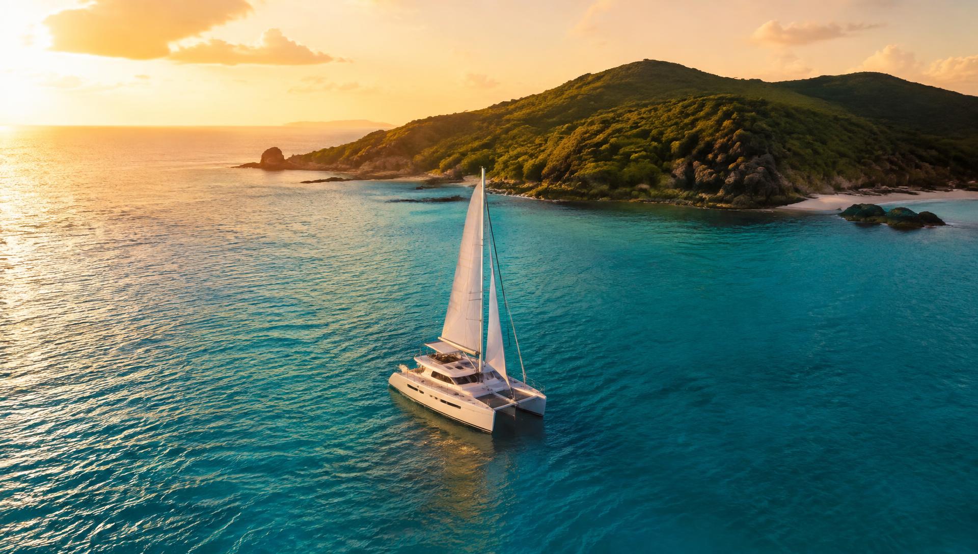 Catamaran under sail in turquoise water beside a green Caribbean island at sunset