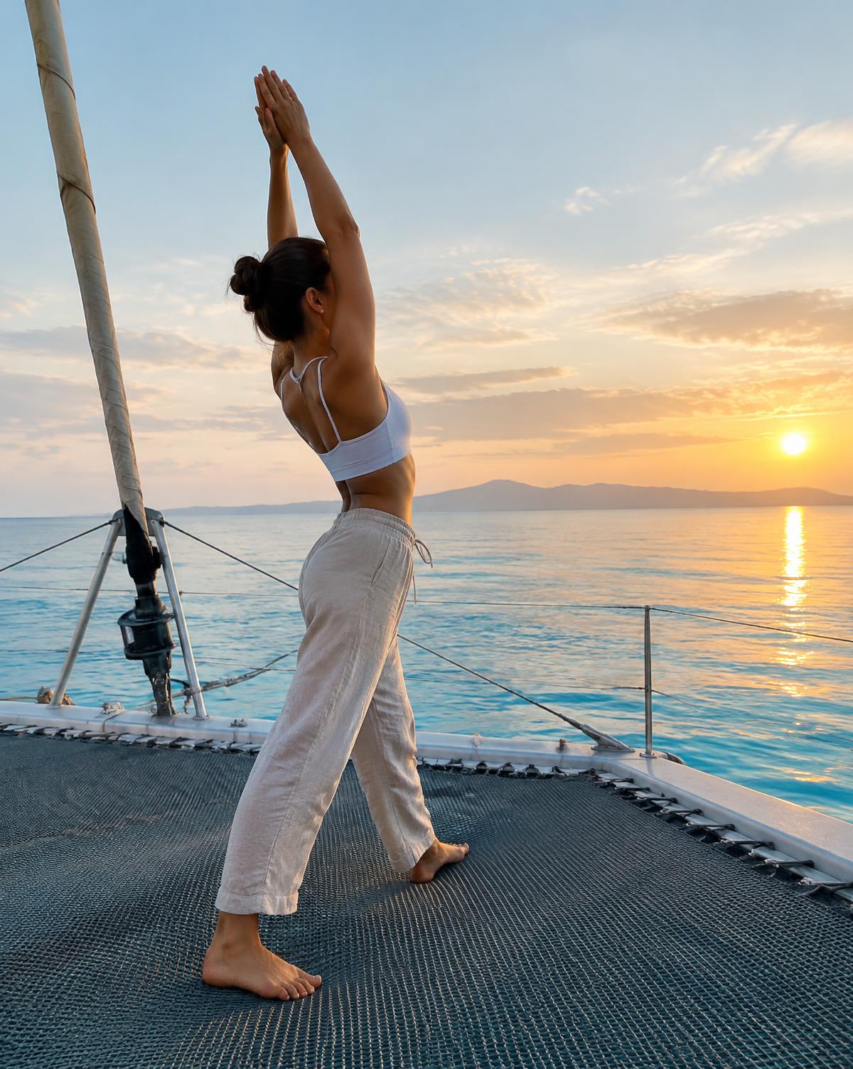 Movement practice on a catamaran at sunrise